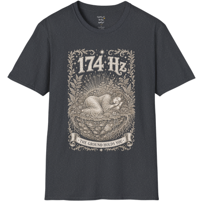 174 Hz T-Shirt with a woman resting on a floating botanical island design — Dark Sacred Stillness collection by Ramro Yoga Wear in Dark Heather Grey