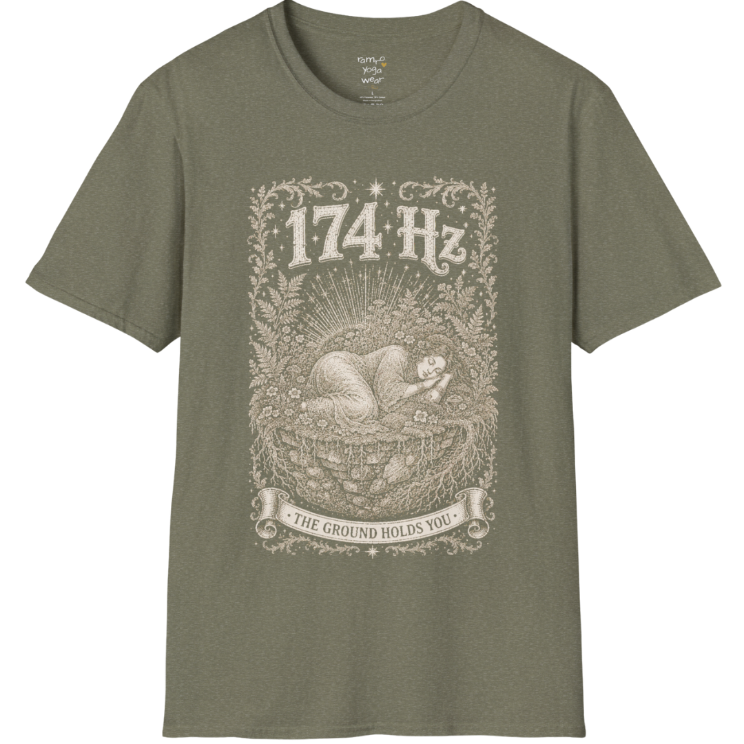 174 Hz T-Shirt with a woman resting on a floating botanical island design — Dark Sacred Stillness collection by Ramro Yoga Wear in Heather Military Green