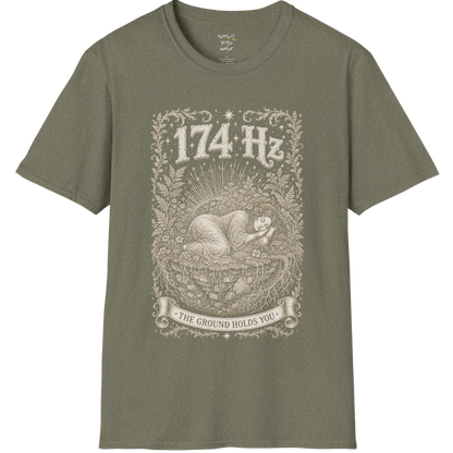 174 Hz T-Shirt with a woman resting on a floating botanical island design — Dark Sacred Stillness collection by Ramro Yoga Wear in Heather Military Green
