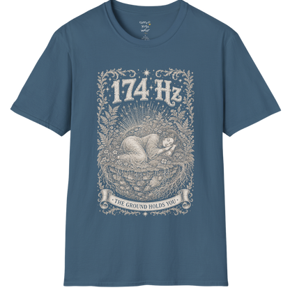 174 Hz T-Shirt with a woman resting on a floating botanical island design — Dark Sacred Stillness collection by Ramro Yoga Wear in Indigo Blue