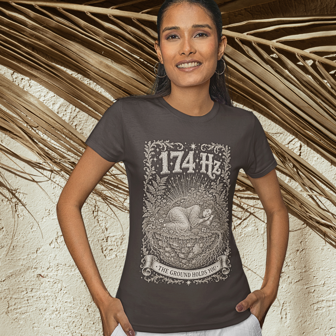 Woman wearing 174 Hz T-Shirt dark chocolate sacred yoga shirt in a courtyard — Dark Sacred Stillness collection by Ramro Yoga Wear
