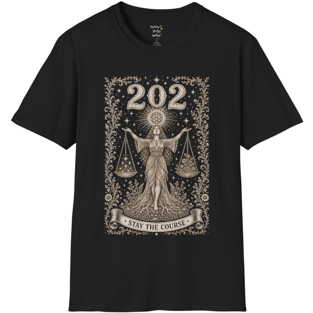 Woman's 202 T-Shirt with engraved scales and angel number design — Dark Sacred Stillness collection by Ramro Yoga Wear in black