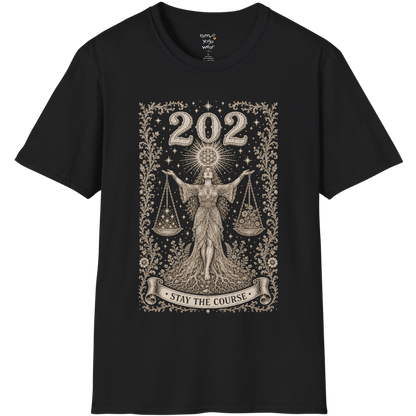 Woman's 202 T-Shirt with engraved scales and angel number design — Dark Sacred Stillness collection by Ramro Yoga Wear in black