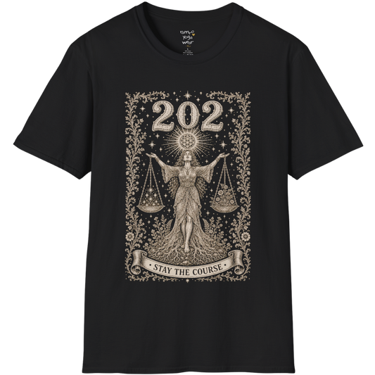 Woman's 202 T-Shirt with engraved scales and angel number design — Dark Sacred Stillness collection by Ramro Yoga Wear in black