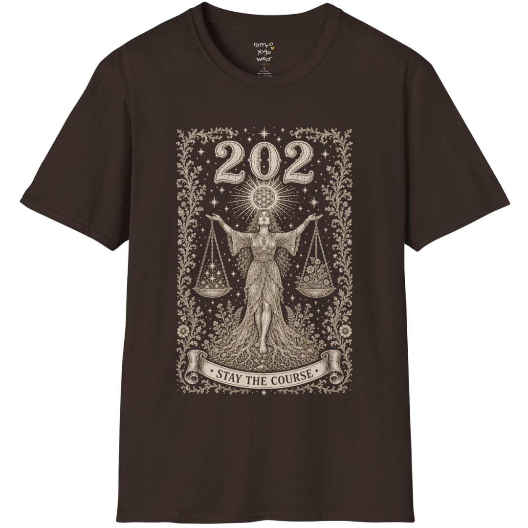 Woman's 202 T-Shirt with engraved scales and angel number design — Dark Sacred Stillness collection by Ramro Yoga Wear in Dark Chocolate