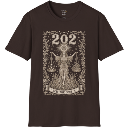 Woman's 202 T-Shirt with engraved scales and angel number design — Dark Sacred Stillness collection by Ramro Yoga Wear in Dark Chocolate