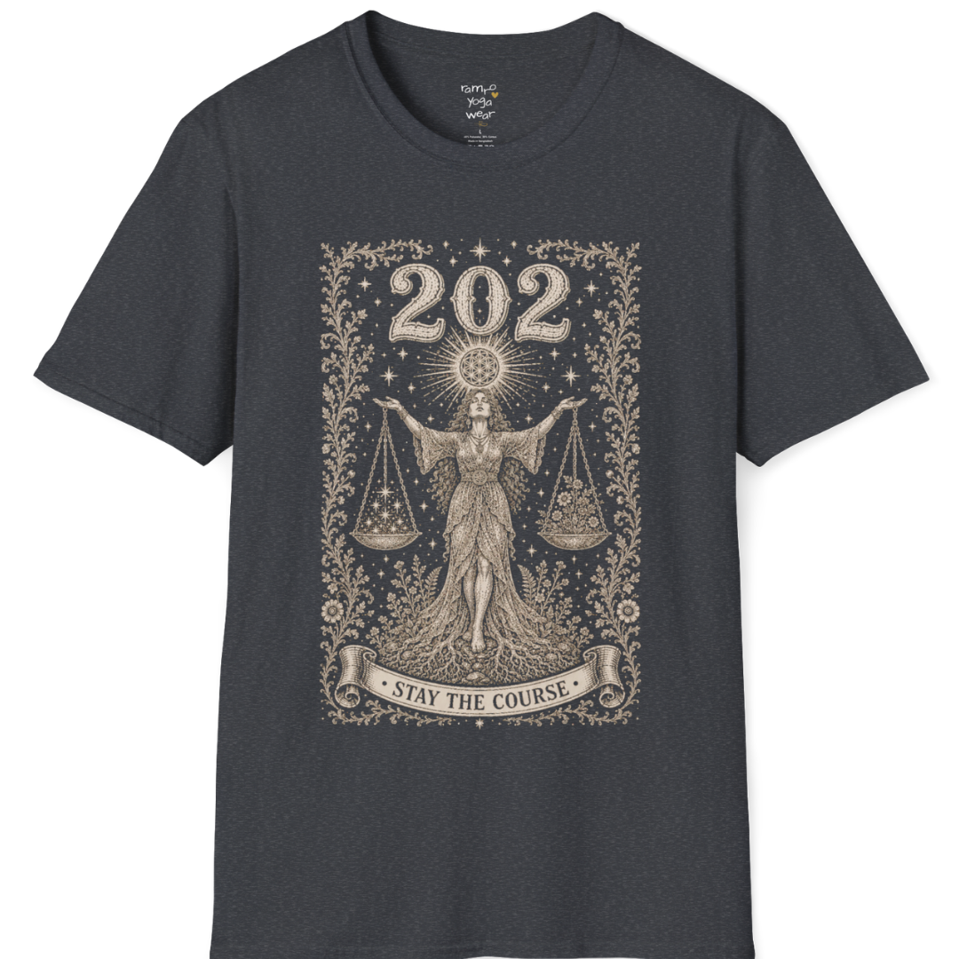 Woman's 202 T-Shirt with engraved scales and angel number design — Dark Sacred Stillness collection by Ramro Yoga Wear in Dark Heather Grey