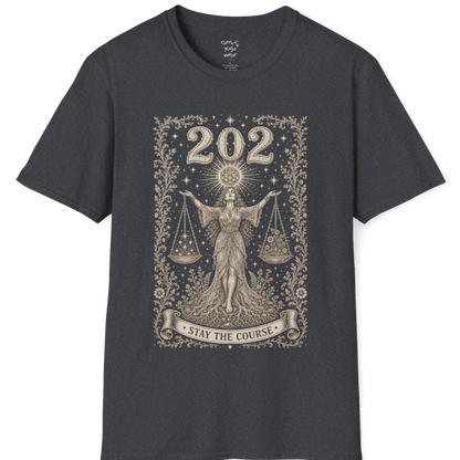 Woman's 202 T-Shirt with engraved scales and angel number design — Dark Sacred Stillness collection by Ramro Yoga Wear in Dark Heather Grey