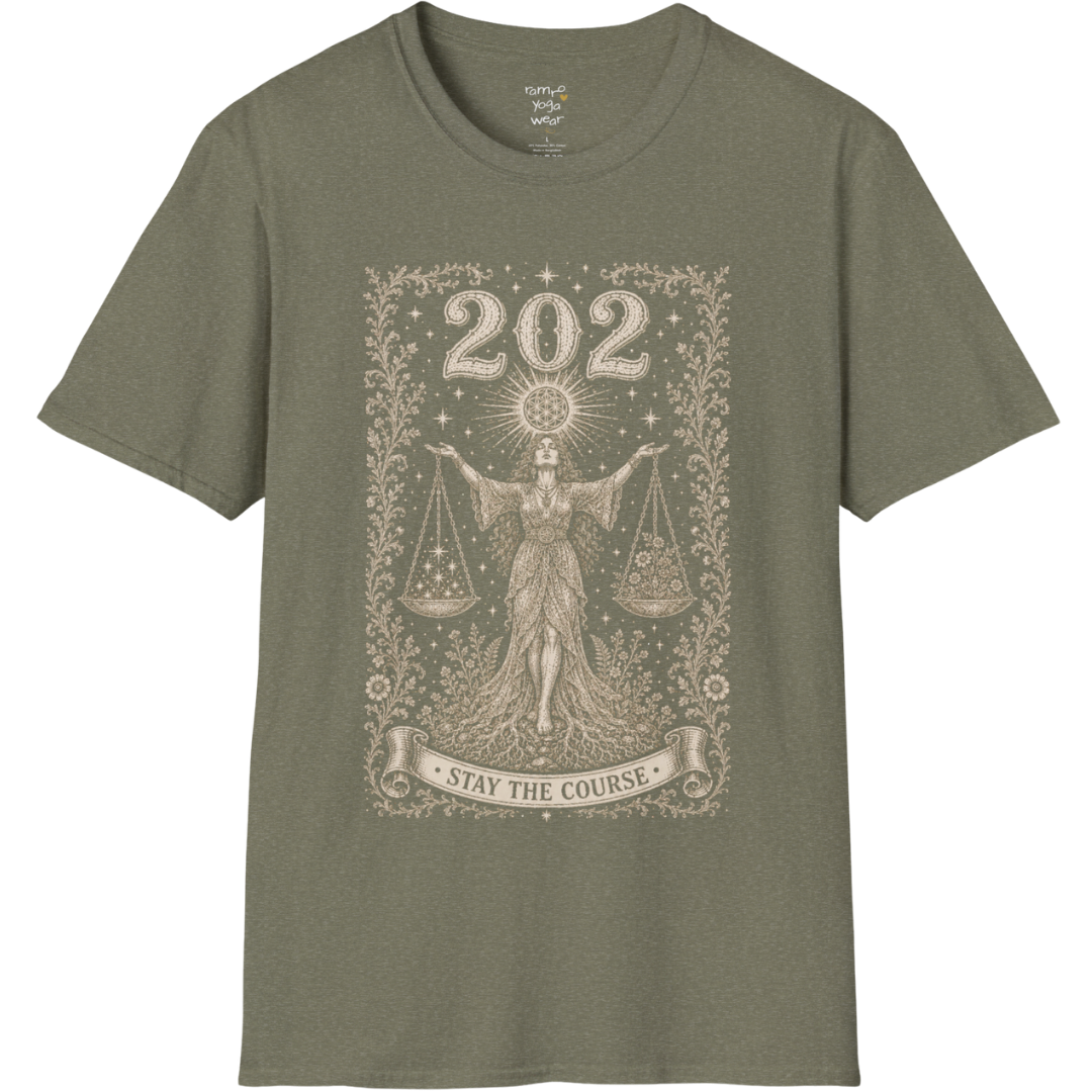 Woman's 202 T-Shirt with engraved scales and angel number design — Dark Sacred Stillness collection by Ramro Yoga Wear in Heather Military Green