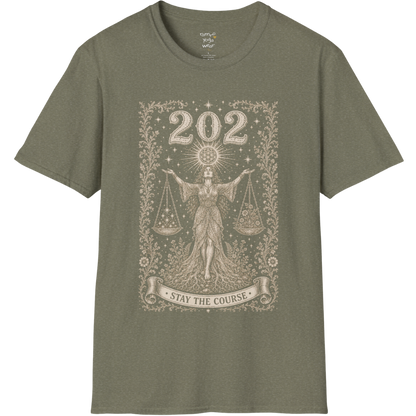 Woman's 202 T-Shirt with engraved scales and angel number design — Dark Sacred Stillness collection by Ramro Yoga Wear in Heather Military Green