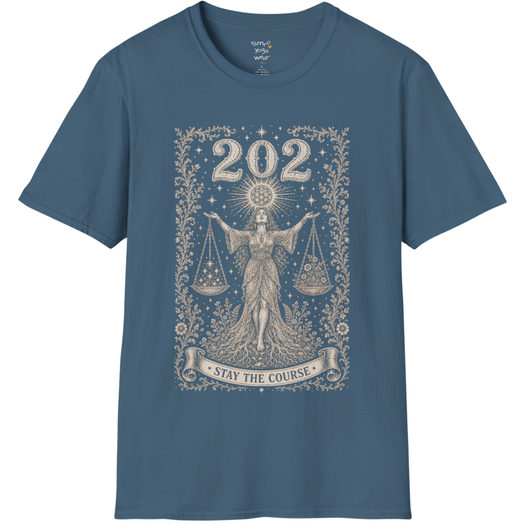 Woman's 202 T-Shirt with engraved scales and angel number design — Dark Sacred Stillness collection by Ramro Yoga Wear in Indigo Blue