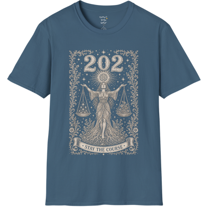 Woman's 202 T-Shirt with engraved scales and angel number design — Dark Sacred Stillness collection by Ramro Yoga Wear in Indigo Blue