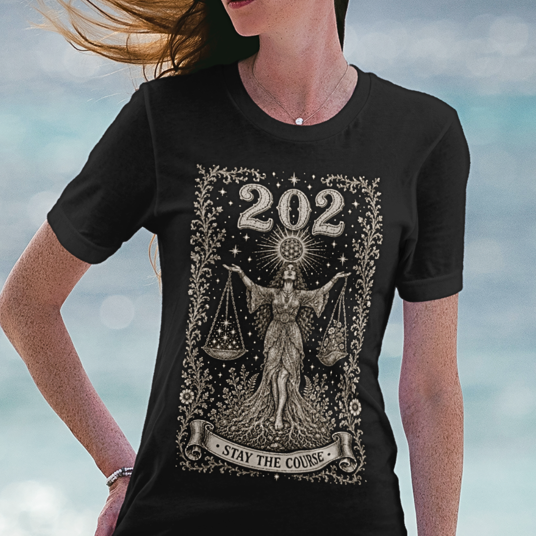 Woman wearing 202 T-Shirt black sacred yoga shirt at the beach — Dark Sacred Stillness collection by Ramro Yoga Wear