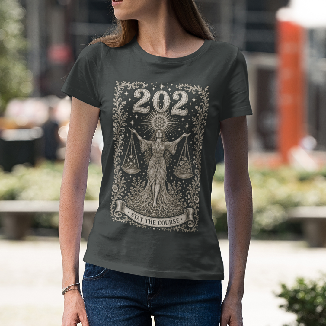 Woman wearing 202 T-Shirt dark heather grey sacred yoga shirt walking down the street — Dark Sacred Stillness collection by Ramro Yoga Wear