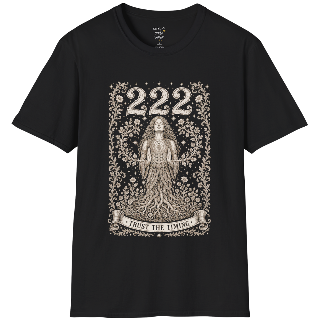 222 T-Shirt with entwined botanical vines design — Dark Sacred Stillness collection by Ramro Yoga Wear in Black