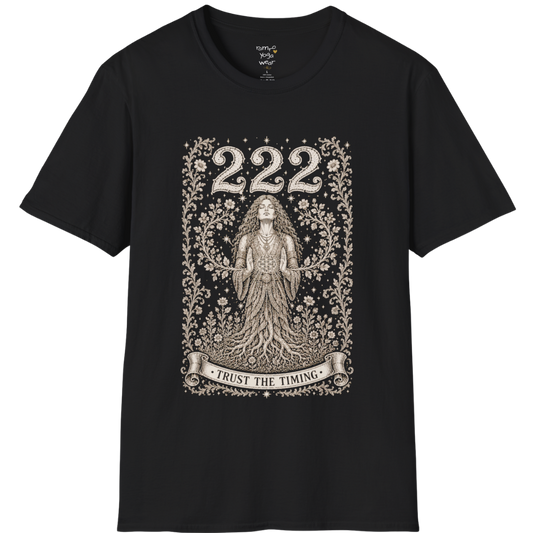 222 T-Shirt with entwined botanical vines design — Dark Sacred Stillness collection by Ramro Yoga Wear in Black