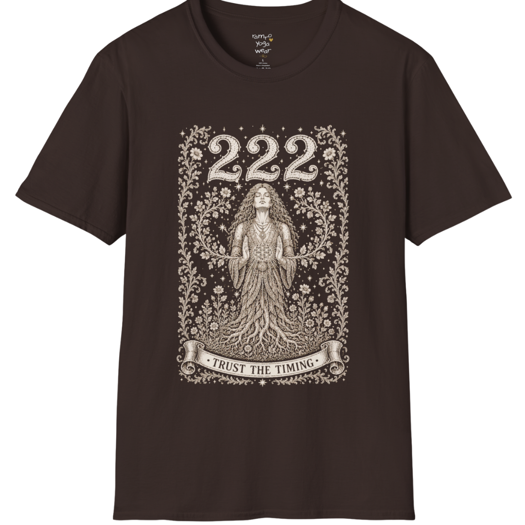 222 T-Shirt with entwined botanical vines design — Dark Sacred Stillness collection by Ramro Yoga Wear in Dark Chocolate
