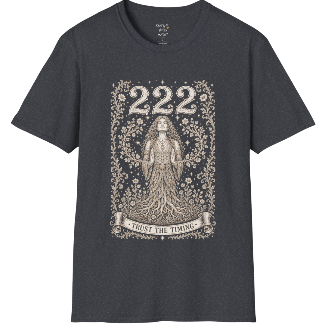 222 T-Shirt with entwined botanical vines design — Dark Sacred Stillness collection by Ramro Yoga Wear in Dark Heather Grey