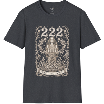 222 T-Shirt with entwined botanical vines design — Dark Sacred Stillness collection by Ramro Yoga Wear in Dark Heather Grey