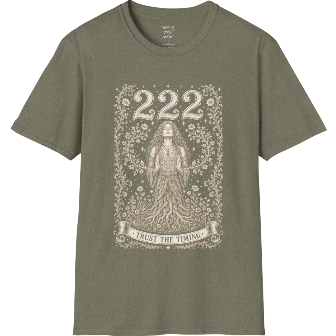 222 T-Shirt with entwined botanical vines design — Dark Sacred Stillness collection by Ramro Yoga Wear in Heather Military Green