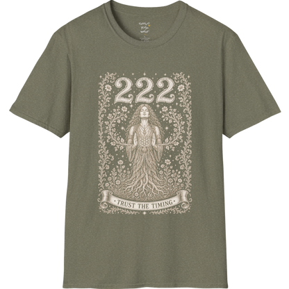 222 T-Shirt with entwined botanical vines design — Dark Sacred Stillness collection by Ramro Yoga Wear in Heather Military Green