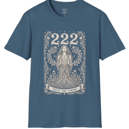 222 T-Shirt with entwined botanical vines design — Dark Sacred Stillness collection by Ramro Yoga Wear in Indigo Blue