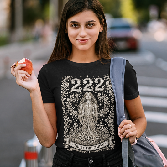 222 T-Shirt black sacred yoga shirt outdoors on the street — Dark Sacred Stillness collection by Ramro Yoga Wear