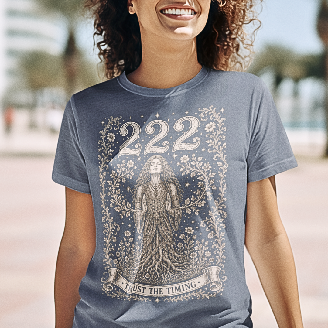 222 T-Shirt Stone Blue sacred yoga shirt outdoors on the street — Dark Sacred Stillness collection by Ramro Yoga Wear