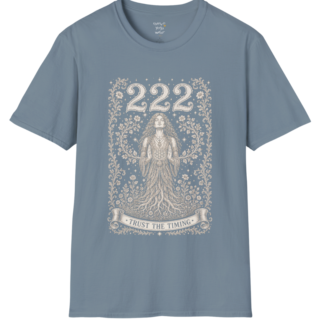 222 T-Shirt with entwined botanical vines design — Dark Sacred Stillness collection by Ramro Yoga Wear in Stone Blue