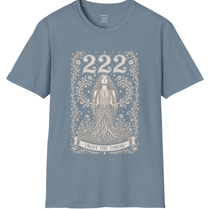 222 T-Shirt with entwined botanical vines design — Dark Sacred Stillness collection by Ramro Yoga Wear in Stone Blue