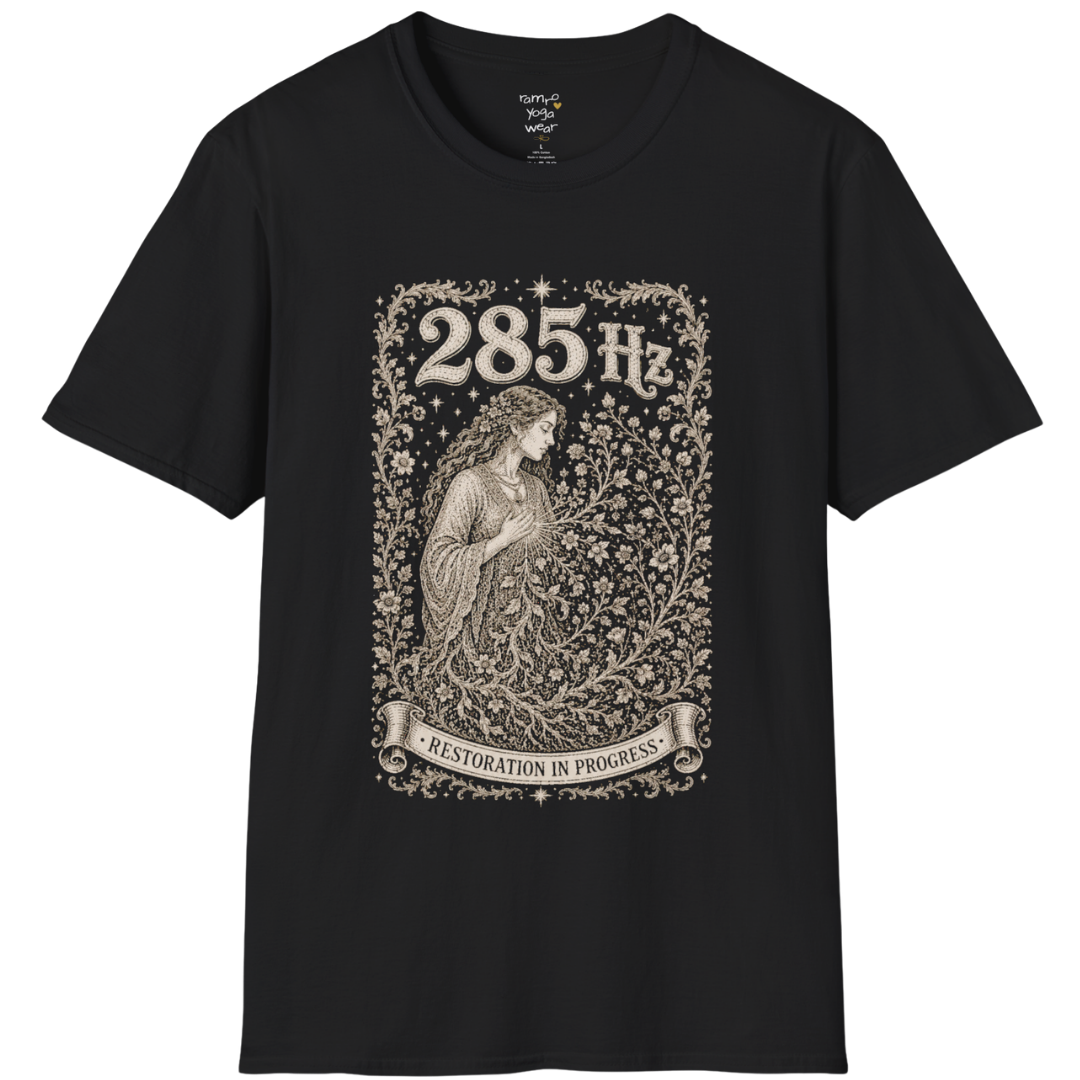 285 Hz T-Shirt with new growth from old branch design — Dark Sacred Stillness collection by Ramro Yoga Wear in black