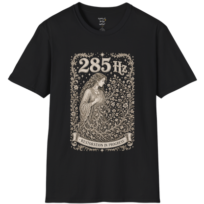 285 Hz T-Shirt with new growth from old branch design — Dark Sacred Stillness collection by Ramro Yoga Wear in black