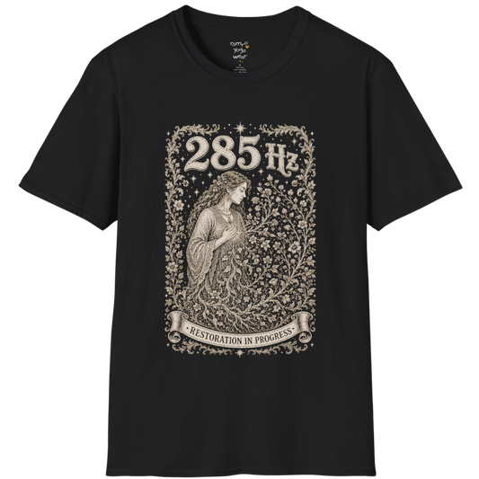 285 Hz T-Shirt with new growth from old branch design — Dark Sacred Stillness collection by Ramro Yoga Wear in black