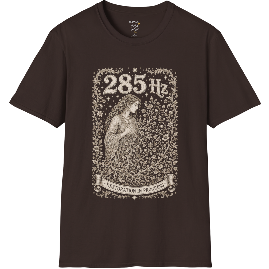 285 Hz T-Shirt with new growth from old branch design — Dark Sacred Stillness collection by Ramro Yoga Wear in Dark Chocolate