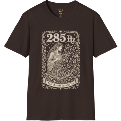 285 Hz T-Shirt with new growth from old branch design — Dark Sacred Stillness collection by Ramro Yoga Wear in Dark Chocolate