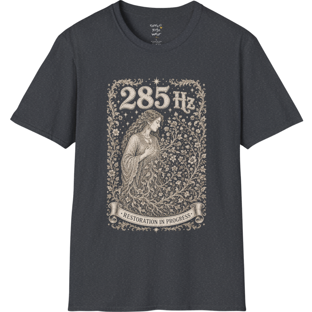 285 Hz T-Shirt with new growth from old branch design — Dark Sacred Stillness collection by Ramro Yoga Wear in Dark Heather Grey