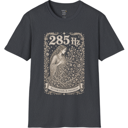 285 Hz T-Shirt with new growth from old branch design — Dark Sacred Stillness collection by Ramro Yoga Wear in Dark Heather Grey
