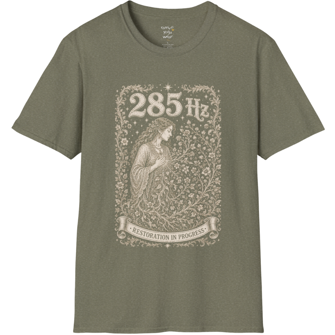 285 Hz T-Shirt with new growth from old branch design — Dark Sacred Stillness collection by Ramro Yoga Wear in Heather Military Green