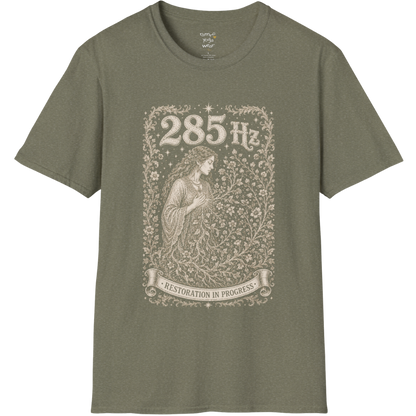 285 Hz T-Shirt with new growth from old branch design — Dark Sacred Stillness collection by Ramro Yoga Wear in Heather Military Green