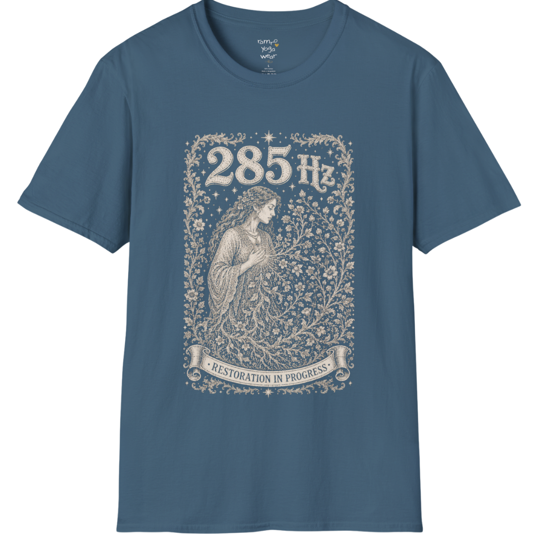 285 Hz T-Shirt with new growth from old branch design — Dark Sacred Stillness collection by Ramro Yoga Wear in Indigo Blue