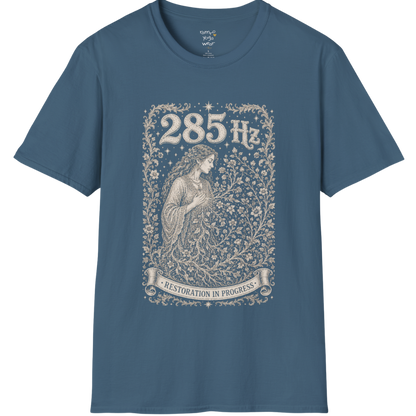 285 Hz T-Shirt with new growth from old branch design — Dark Sacred Stillness collection by Ramro Yoga Wear in Indigo Blue