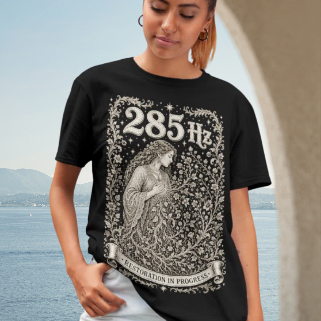 285 Hz T-Shirt black sacred yoga shirt by the water — Dark Sacred Stillness collection by Ramro Yoga Wear