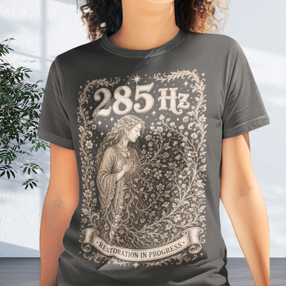 285 Hz T-Shirt dark heather grey sacred yoga shirt outdoors among trees — Dark Sacred Stillness collection by Ramro Yoga Wear