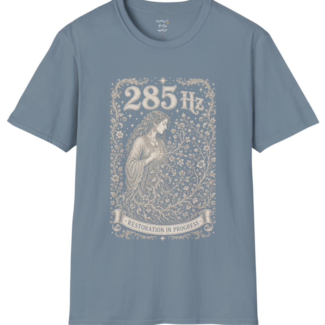 285 Hz T-Shirt with new growth from old branch design — Dark Sacred Stillness collection by Ramro Yoga Wear in Stone Blue