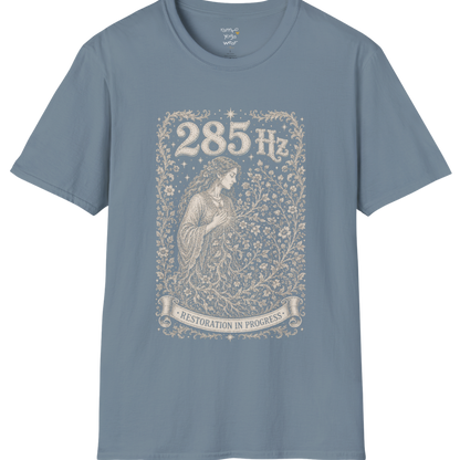 285 Hz T-Shirt with new growth from old branch design — Dark Sacred Stillness collection by Ramro Yoga Wear in Stone Blue