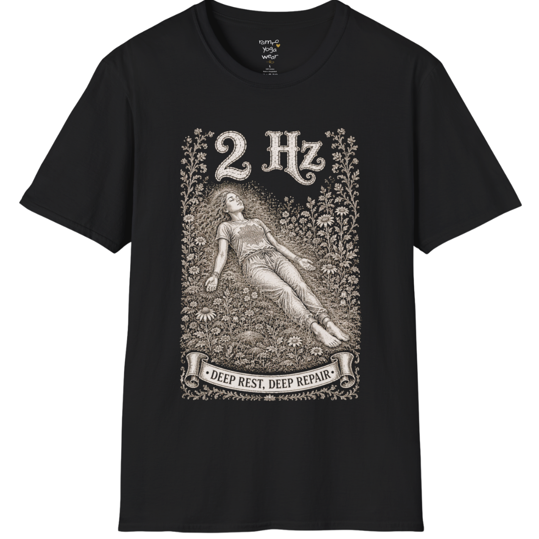 The 2 Hz T-Shirt with reclined resting figure, surrounded by a botanical garden design — Dark Sacred Stillness collection by Ramro Yoga Wear in Black