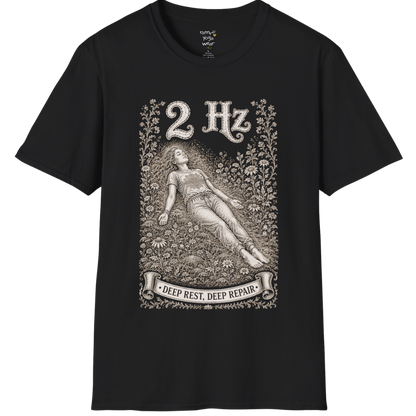 The 2 Hz T-Shirt with reclined resting figure, surrounded by a botanical garden design — Dark Sacred Stillness collection by Ramro Yoga Wear in Black