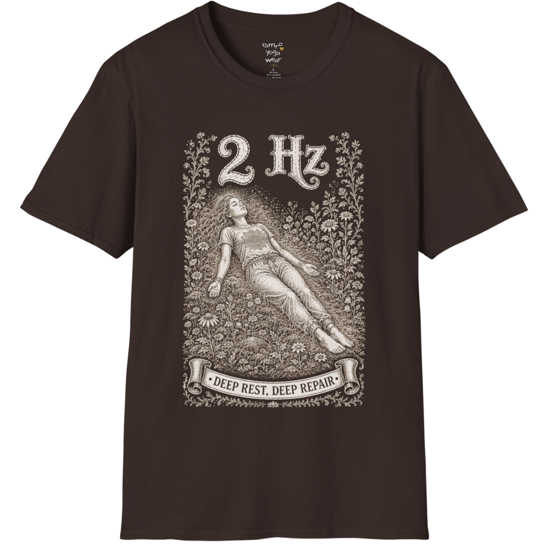 The 2 Hz T-Shirt with reclined resting figure, surrounded by a botanical garden design — Dark Sacred Stillness collection by Ramro Yoga Wear in Dark Chocolate