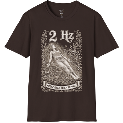 The 2 Hz T-Shirt with reclined resting figure, surrounded by a botanical garden design — Dark Sacred Stillness collection by Ramro Yoga Wear in Dark Chocolate