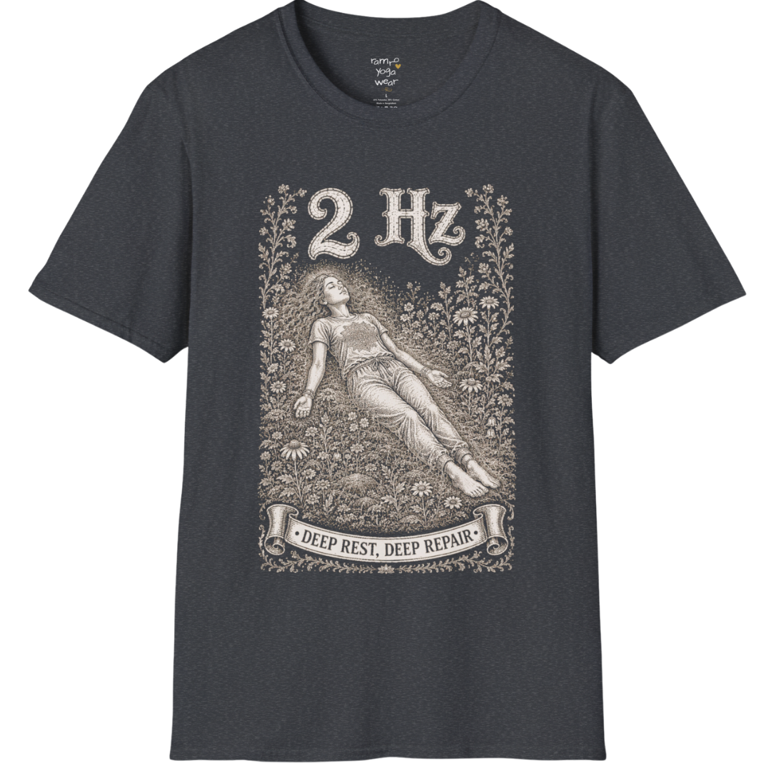 The 2 Hz T-Shirt with reclined resting figure, surrounded by a botanical garden design — Dark Sacred Stillness collection by Ramro Yoga Wear in Dark Heather Grey